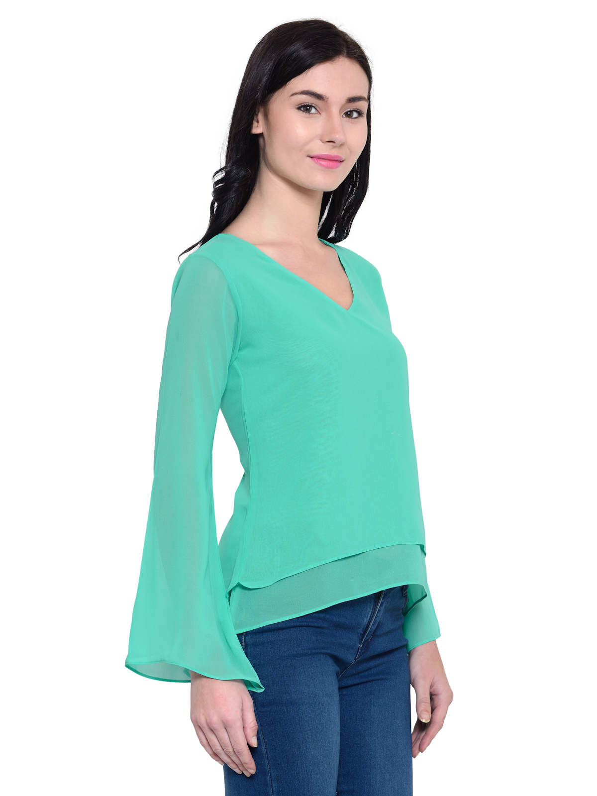 Azure Green Bell sleeves Vneck Top